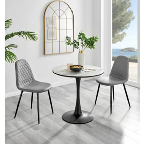 Elina White Marble Effect Round Pedestal Dining Table with Curved Black Support and 2 Grey Faux Leather Corona Black Leg Chairs