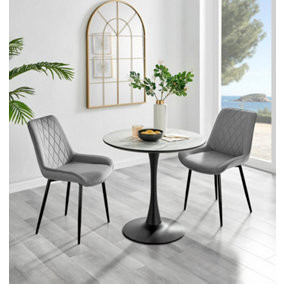 Elina White Marble Effect Round Pedestal Dining Table with Curved Black Support and 2 Grey Velvet Pesaro Black Leg Chairs