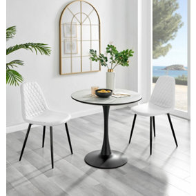 Elina White Marble Effect Round Pedestal Dining Table with Curved Black Support and 2 White Faux Leather Corona Black Leg Chairs