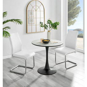 Elina White Marble Effect Round Pedestal Dining Table with Curved Black Support and 2 White Faux Leather Lorenzo Chairs