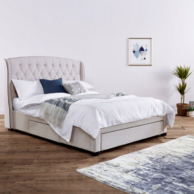 Elise Stone Winged Upholstered Drawer Storage Bed Frame Double Size