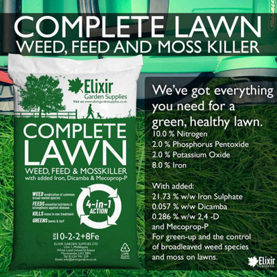 Elixir Gardens COMPLETE LAWN Weed, Feed & Mosskiller 10-2-2+8Fe 4-in-1 Fertiliser with Iron in bag x20kg