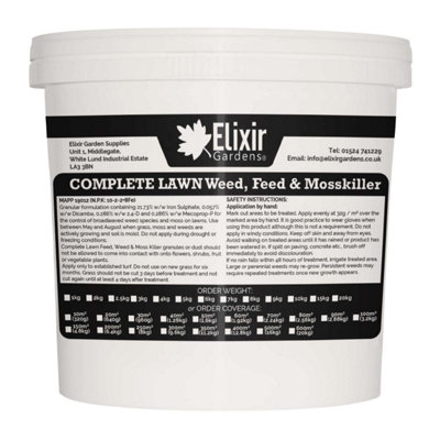 Elixir Gardens COMPLETE LAWN Weed, Feed & Mosskiller 10-2-2+8Fe 4-in-1 Fertiliser with Iron in tub x10kg