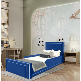 Ella Kids Bed Gaslift Ottoman Plush Velvet with Safety Siderails- Blue