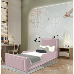 Ella Kids Bed Gaslift Ottoman Plush Velvet with Safety Siderails- Pink