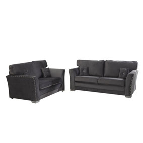 Elland Plush Velvet Grey Sofa Full Back 3+2 Set