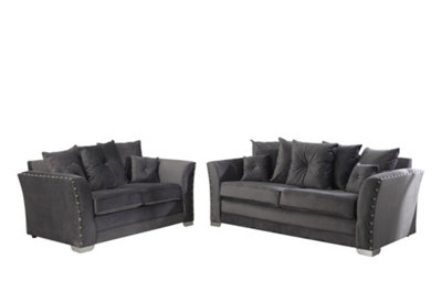 Elland Plush Velvet Grey Sofa Scatterback 3+2 Set