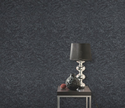 Elle by Erismann Flowing Textured Marble in Black Vinyl Wallpaper