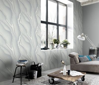 Elle by Erismann Statement Marble Textured Vinyl in Silver and White