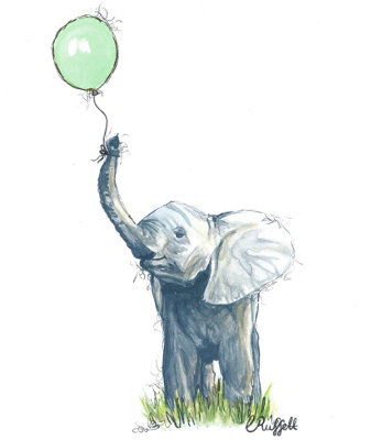 Elle Elephant with green balloon Wall Sticker