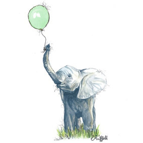 Elle Elephant with green balloon Wall Sticker