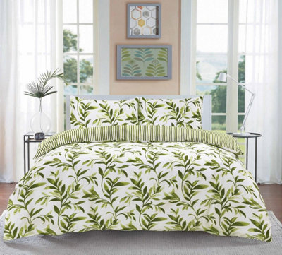 Ellie Green Watercolour Leaves Duvet Cover Set Striped Reverse Fully Reversible Bedding - Double