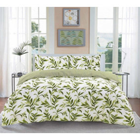 Ellie Green Watercolour Leaves Duvet Cover Set Striped Reverse Fully Reversible Bedding - Double