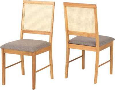 Ellis Pair of Chairs in Oak Effect with Rattan Back and Grey Fabric