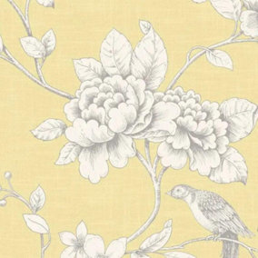 Ellis Yellow Wallpaper Grandeco Floral Birds Linen Effect Metallic