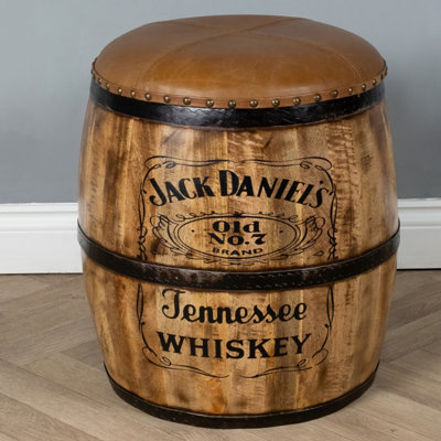 Elm Home and Garden 100% Mango Wood Jack Daniels Barrel Stool Pure Leather Top Mango Wood Base  No Veneer