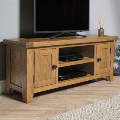 Elm Home And Garden Large Rustic Oak Wooden Tv Video Media Unit Stand 50cm High x 120cm Wide x 37cm Deep Fully Assembled