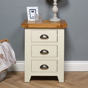 Elm Home And Garden Painted Cream/Off White 3 Drawer Oak Wooden Bedside Cabinet 62cm High x 47cm Wide x 37cm Deep Fully Assembled