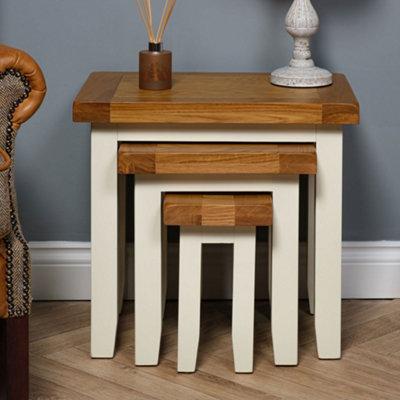 Elm Home And Garden Painted Cream Wooden Oak Nest Of Three 3 Tables Side Lamp End 50cm High x 54cm Wide x 37cm Deep Fully Assemble