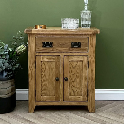 Elm Home And Garden Rustic Oak 2 Door 1 Drawer Small Sideboard Buffet Fully Assembled Hall Console Telephone Table 70cm Wide x 81c