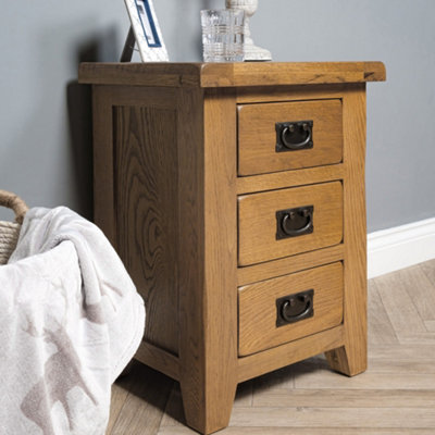 Elm Home And Garden Rustic Oak Wooden 3 Drawer Bedside Cabinet Table 62cm High x 47cm Wide x 37cm Deep Fully Assembled