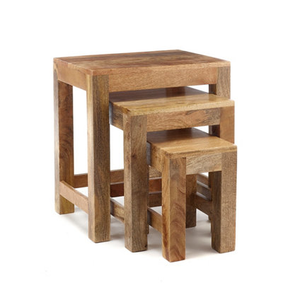 Elm Home And Garden Solid Light Brown Wood Nest Of 3 Three Tables H50 x W45 x D34cm