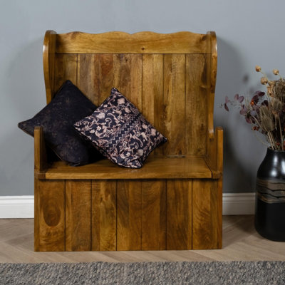 Elm Home and Garden Solid Mango Wood Monk Hall Bench With Storage No Veneer Fully Assembled