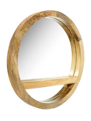 Elm Home And Garden Solid Mango Wood Round Wall Mirror Light Oak Finish Fully Assembled 60cm Wide x 60cm High x 5cm Deep