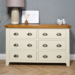 Elm Home And Garden Wide 6 drawer Painted Cream/Off White Chest Of Oak Drawers 78cm High x 128cm Wide x 40cm Deep