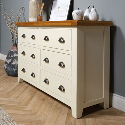 Elm Home And Garden Wide 6 drawer Painted Cream/Off White Chest Of Oak Drawers 78cm High x 128cm Wide x 40cm Deep