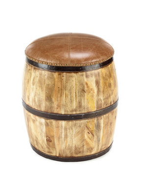 Elm Home and Garden Wooden Lift Off Lid Whiskey Barrel Stool Leather Top H51 x W47 x D47cm