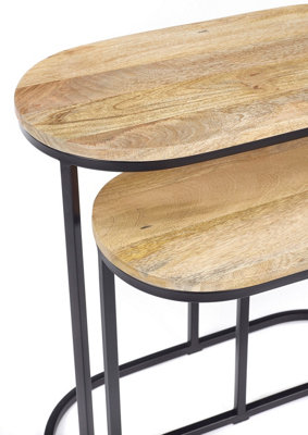 Elm Home And Garden Wooden Light Oak Finish Black Metal Oval Nest Of Three 3 Tables