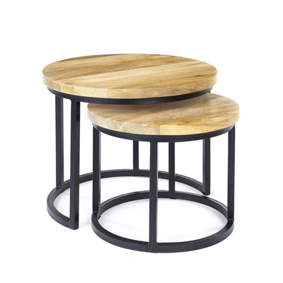 Elm Home And Garden Wooden Ligth Oak Finish Black Metal Round Nest Of Two 2 Tables End Side Lamp H48 x W55.5 x D55.5cm