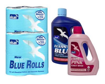 Elsan 4L Blue & 2L Pink Toilet Fluids with 8-Pack Dissolvable Toilet Rolls