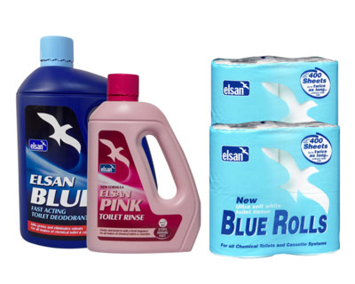 Elsan 4L Blue & 2L Pink Toilet Fluids with 8-Pack Dissolvable Toilet Rolls