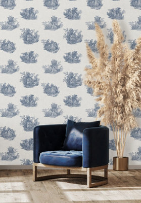 Elsie Burton Versaille Toile Grey/Navy Wallpaper