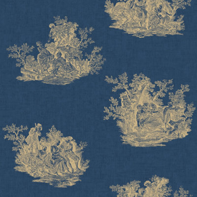 Elsie Burton Versaille Toile Navy/ Metallic Gold Wallpaper