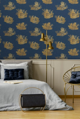 Elsie Burton Versaille Toile Navy/ Metallic Gold Wallpaper
