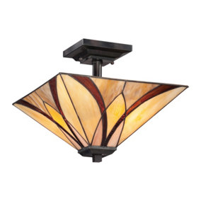 Elstead Asheville 2 Light Semi Flush Ceiling Lamp Bronze, Tiffany Glass, E27
