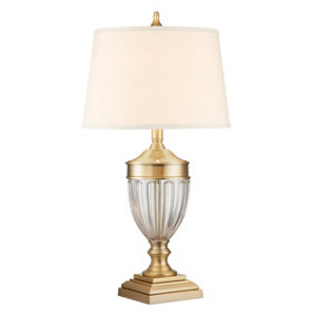 Elstead Quoizel Dennison Table Lamp with Round Tapered Shade Brushed Brass