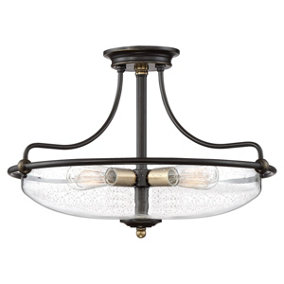 Elstead Quoizel Griffin Bowl Semi Flush Ceiling Light Palladian Bronze with Weathered Brass Accents