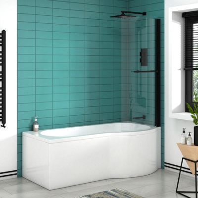 Elva 1500 x 850mm Acrylic Right Hand P-Shaped Shower White Bathtub with Front Panel & Matt Black Shower Screen