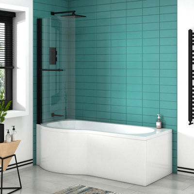 Elva 1700 x 850mm Acrylic Left Hand P-Shaped Shower White Bathtub with Front Panel & Matt Black Shower Screen