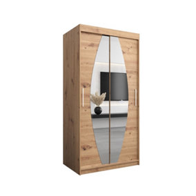 Elypse Contemporary 2 Mirrored Sliding Door Wardrobe 5 Shelves 2 Rails Artisan Oak Effect (H)2000mm (W)1000mm (D)620mm