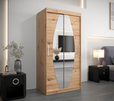 Elypse Contemporary 2 Mirrored Sliding Door Wardrobe 5 Shelves 2 Rails Artisan Oak Effect (H)2000mm (W)1000mm (D)620mm
