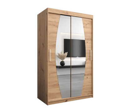 Elypse Contemporary 2 Mirrored Sliding Door Wardrobe 5 Shelves 2 Rails Artisan Oak Effect (H)2000mm (W)1200mm (D)620mm