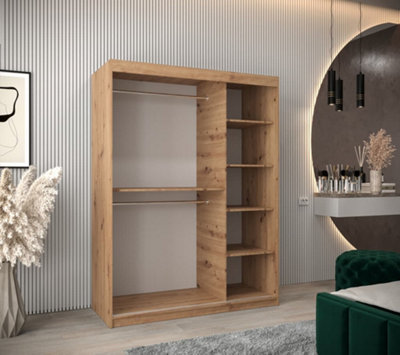 Elypse Contemporary 2 Mirrored Sliding Door Wardrobe 5 Shelves 2 Rails Artisan Oak Effect (H)2000mm (W)1500mm (D)620mm