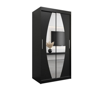 Elypse Contemporary 2 Mirrored Sliding Door Wardrobe 5 Shelves 2 Rails Black (H)2000mm (W)1000mm (D)620mm