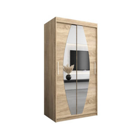 Elypse Contemporary 2 Mirrored Sliding Door Wardrobe 5 Shelves 2 Rails Sonoma Oak Effect (H)2000mm (W)1000mm (D)620mm