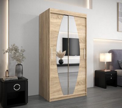 Elypse Contemporary 2 Mirrored Sliding Door Wardrobe 5 Shelves 2 Rails Sonoma Oak Effect (H)2000mm (W)1000mm (D)620mm